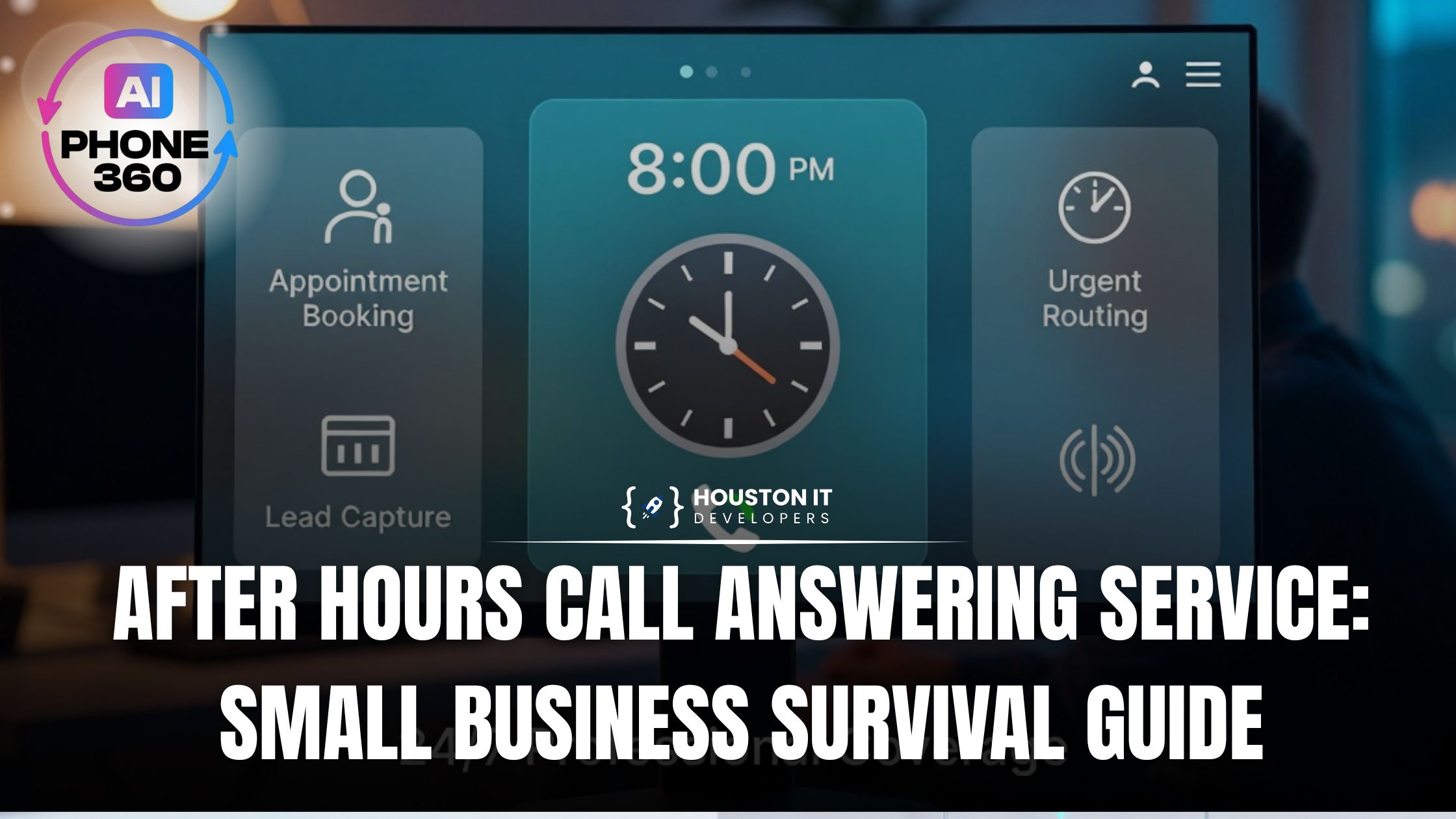 After hours call answering service small business survival guide AI Phone 360 dashboard at 8:00 PM showing after-hours appointment booking, lead capture, and urgent call routing