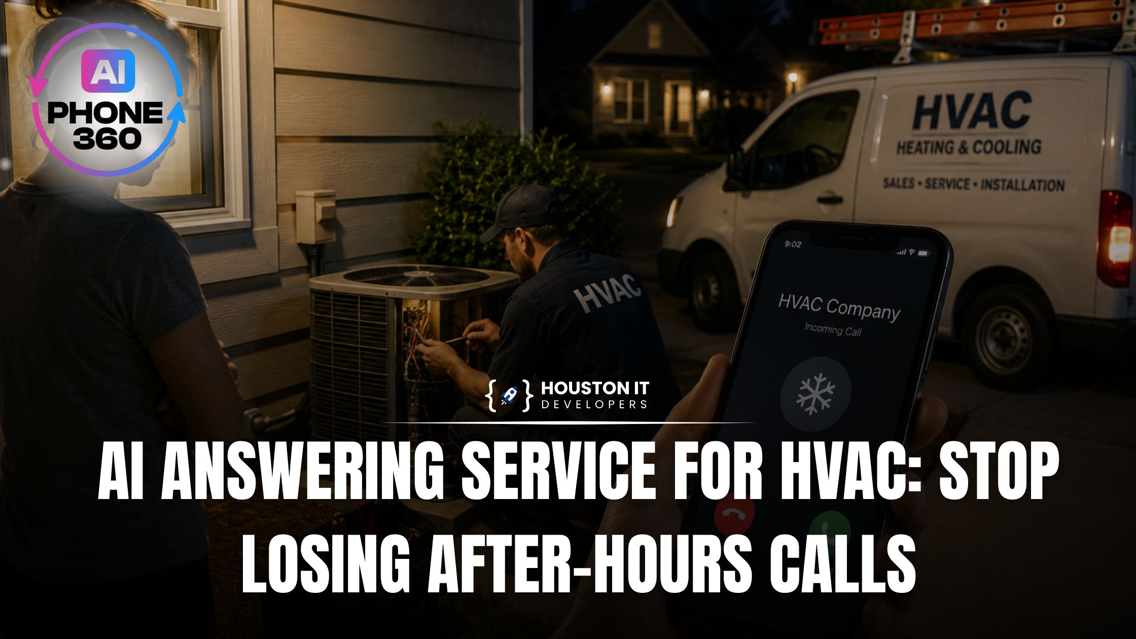 AI answering service for HVAC — stop losing after-hours calls HVAC technician servicing a condenser unit at night while an incoming emergency call is answered automatically