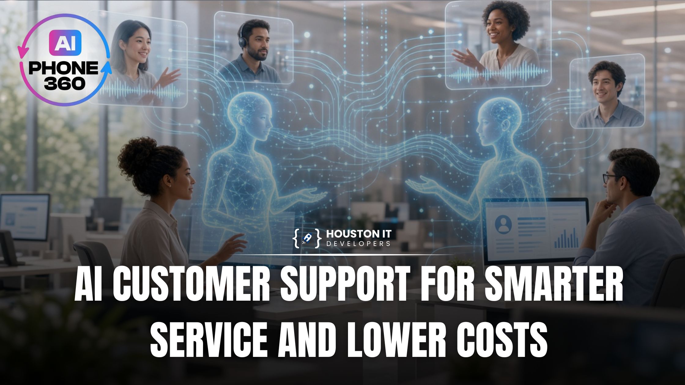 Two support agents collaborating with holographic AI assistants connecting to remote customers in a modern office