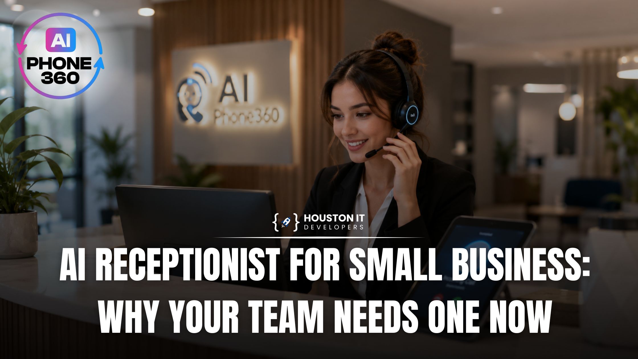 A smiling receptionist wearing a headset at an AI Phone 360 front desk, representing an AI receptionist answering small business calls