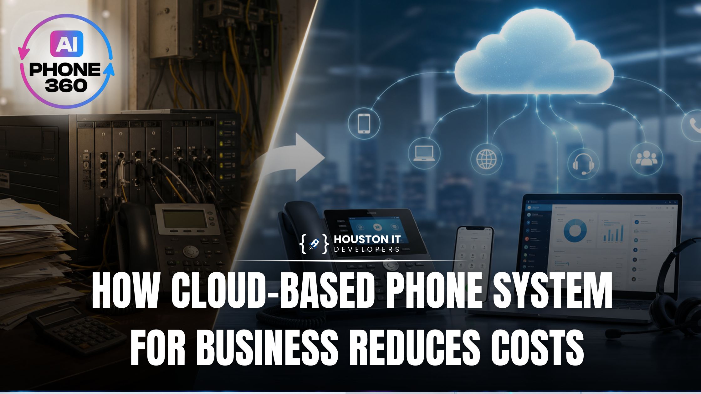 How a cloud-based phone system for business reduces costs A legacy on-premise PBX with tangled wiring on the left transitioning to a cloud-connected phone system on devices on the right