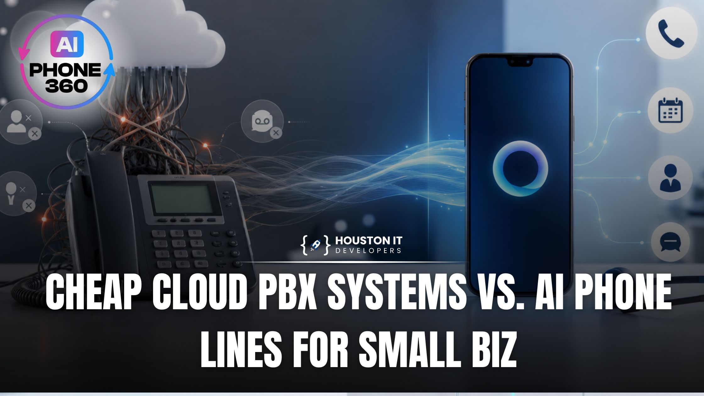 An old wired desk phone linked to the cloud beside a smartphone running an AI receptionist, comparing cloud PBX systems to AI phone lines