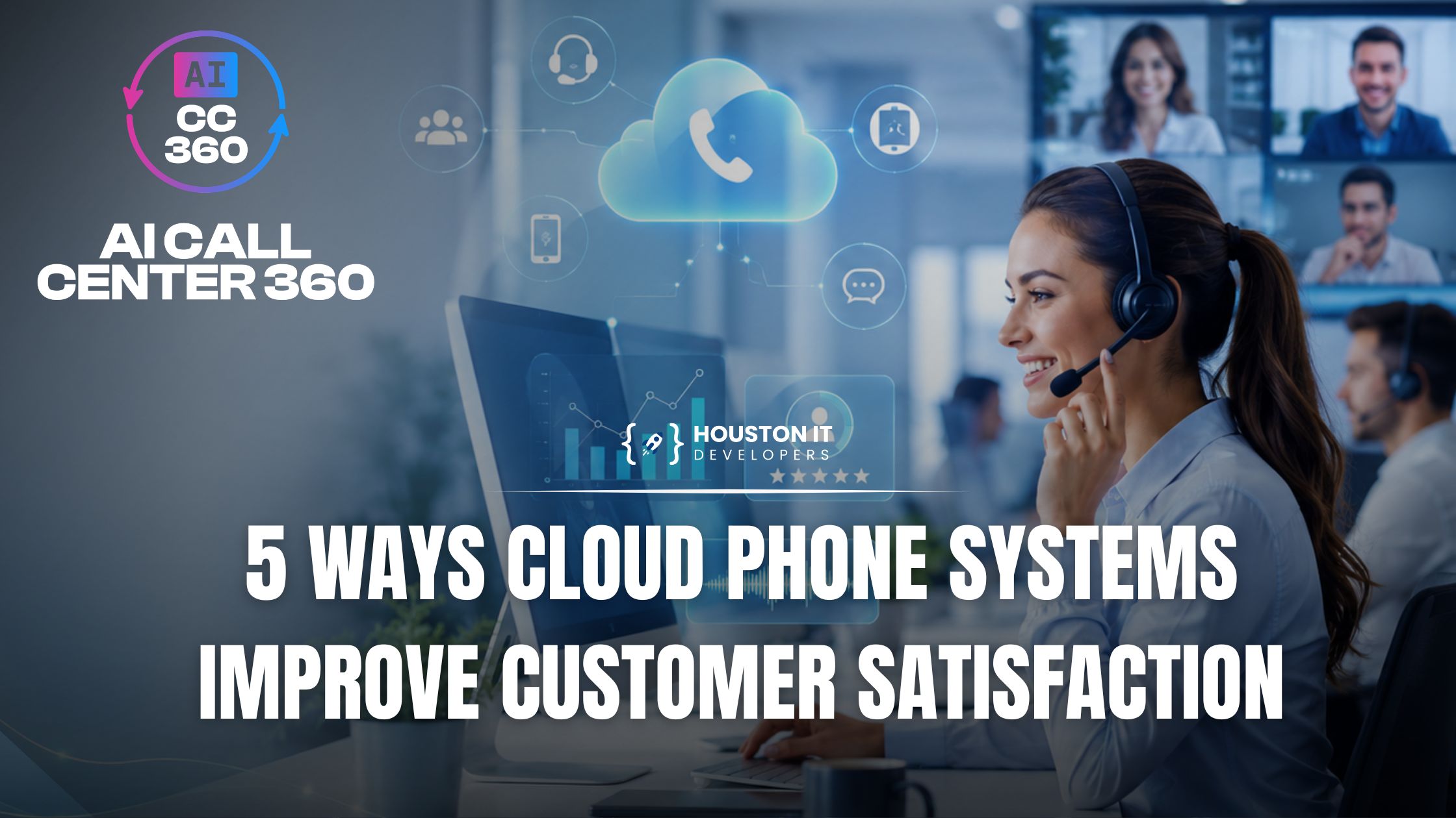 5 ways cloud phone systems improve customer satisfaction Smiling call center agent wearing a headset at a computer, with a cloud phone system connecting callers across devices
