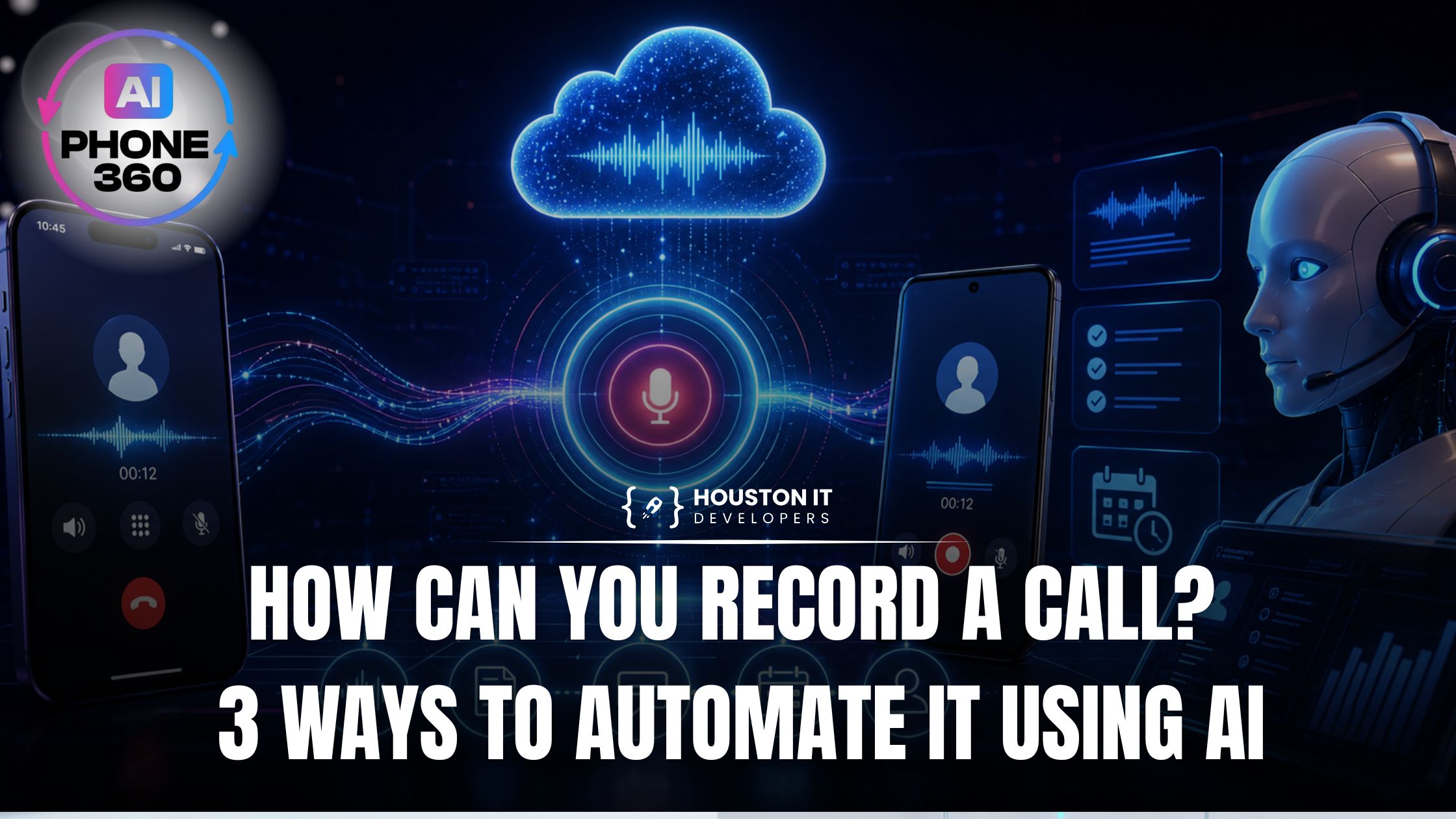 How can you record a call and 3 ways to automate it using AI Two smartphones on an active recorded call linked to a cloud and an AI receptionist, illustrating automated call recording