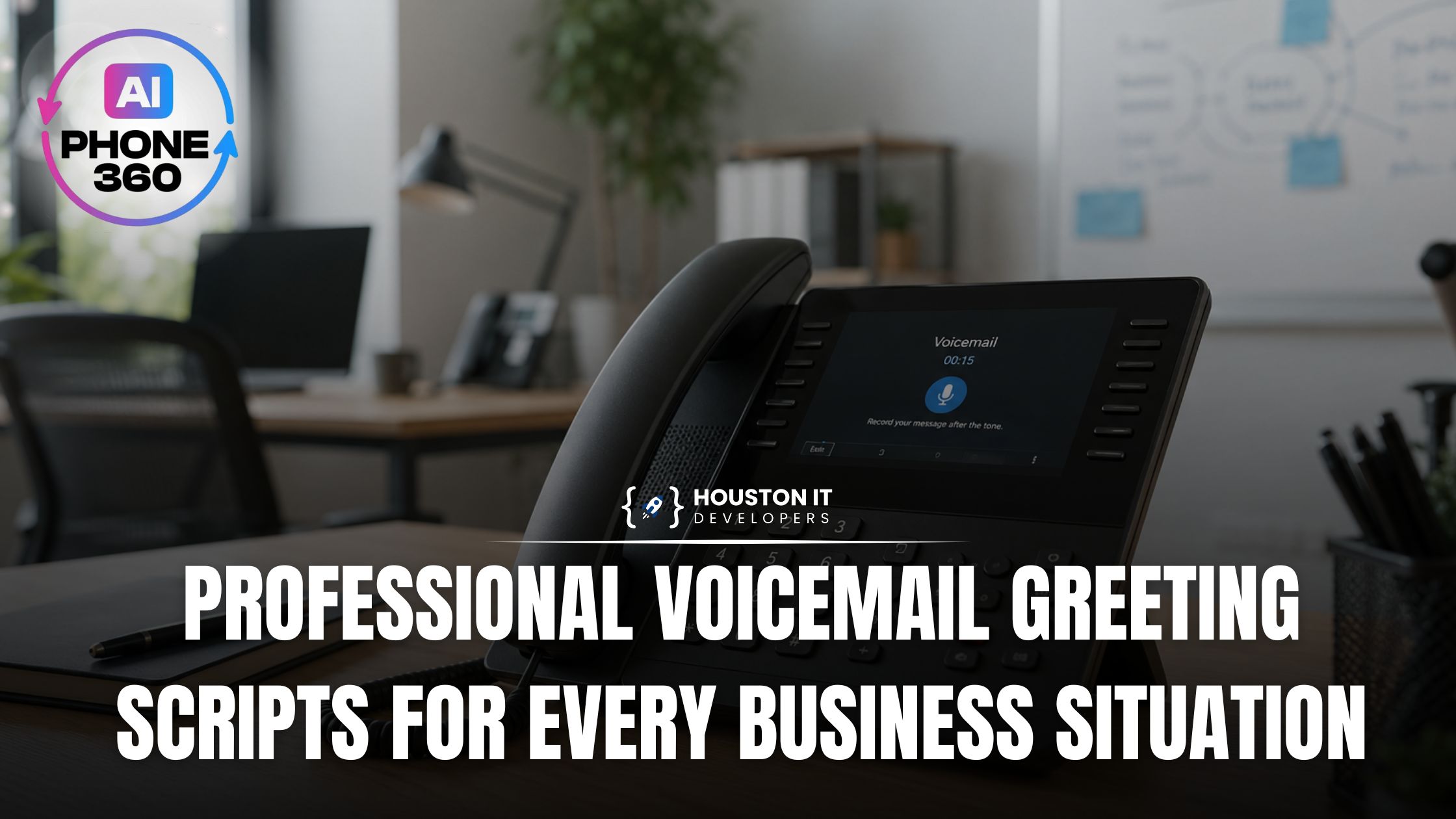 Professional voicemail greeting scripts for every business situation A desk IP phone showing a voicemail recording screen on its display in a modern office