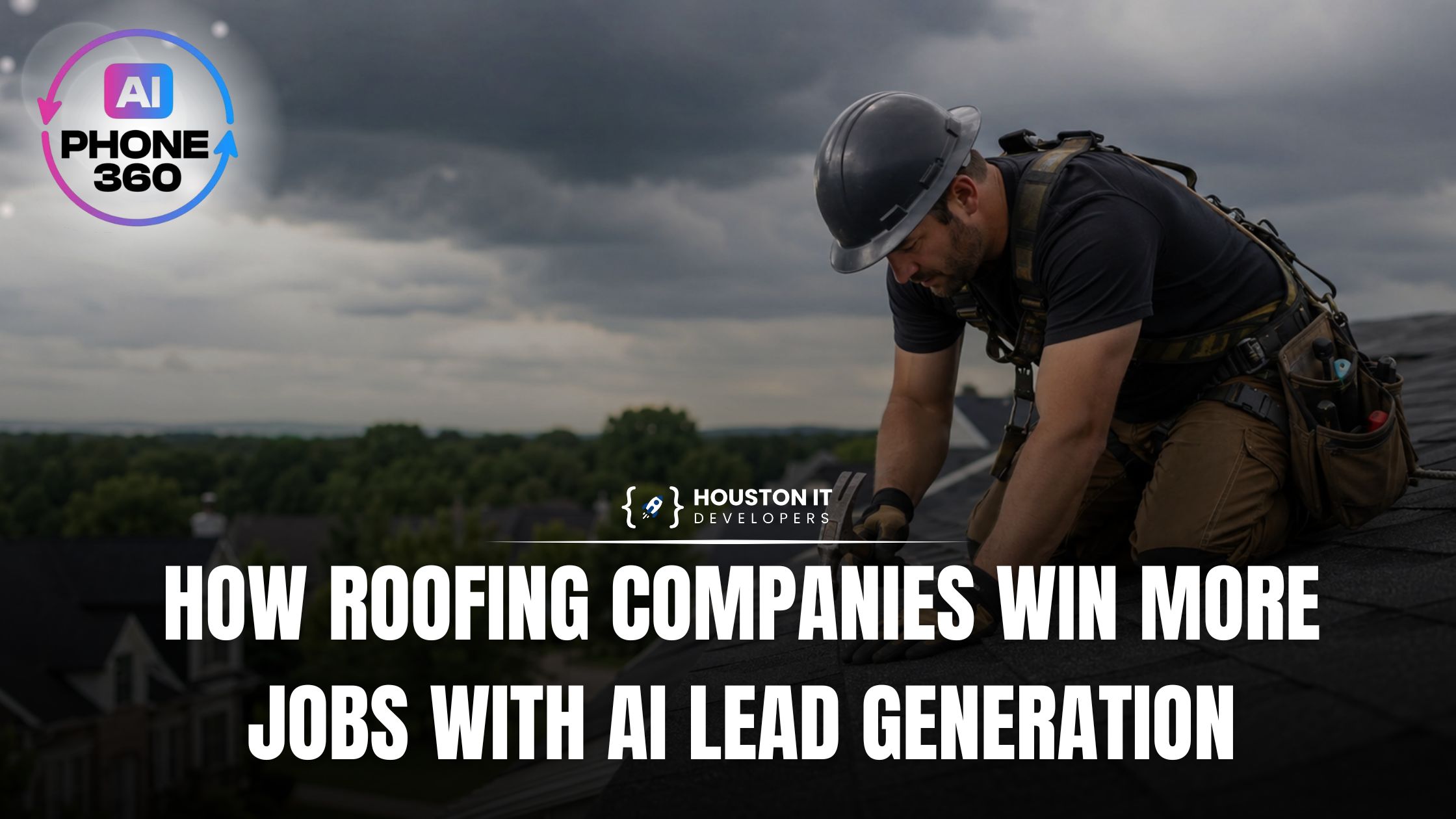 How roofing companies win more jobs with AI lead generation Roofer in a hard hat and safety harness installing shingles on a rooftop under a stormy sky
