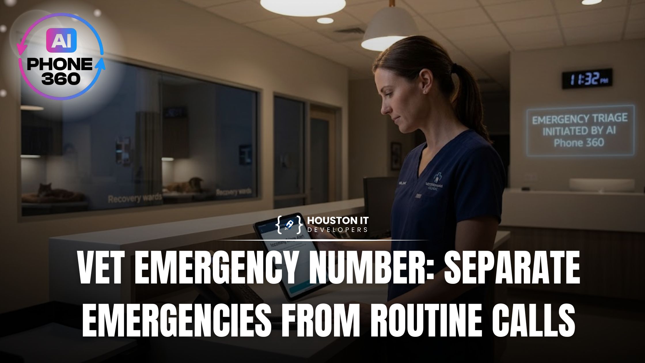 Vet emergency number — separate emergencies from routine calls Veterinary staff member reviewing an AI-initiated emergency triage alert on a tablet at a clinic front desk at night
