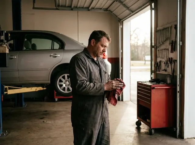 Independent auto mechanic next to a sedan on a lift, with the AI Phone 360 receptionist catching every service call.