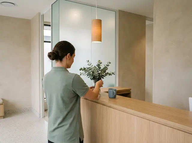 Calm dental practice reception counter with eucalyptus, where the AI Phone 360 receptionist confirms appointments and cuts no-shows.