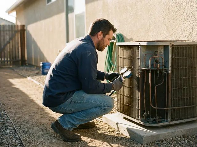 HVAC technician inspecting a residential condenser, supported by the AI Phone 360 receptionist for after-hours dispatch.