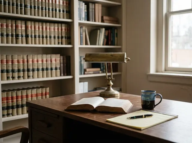 Quiet small-firm law office with walnut desk and legal pad, while the AI Phone 360 receptionist handles client intake calls.