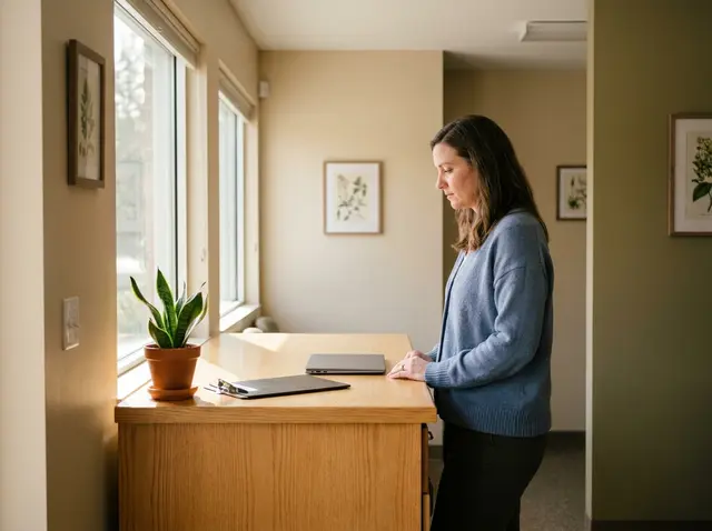 Small family-medicine clinic reception desk, where the AI Phone 360 receptionist screens patient calls and handles insurance pre-checks.