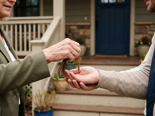 Real estate agent handing keys to a young couple on a craftsman porch, with the AI Phone 360 receptionist booking showings in the background.