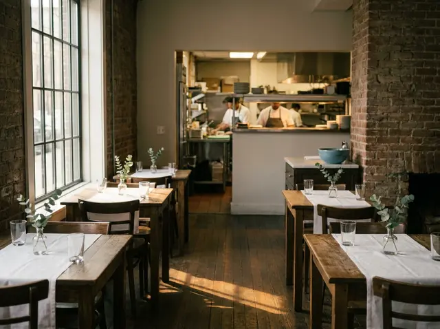 Neighborhood restaurant dining room set for service, with the AI Phone 360 receptionist taking reservations before doors open.