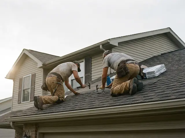 Roofers laying charcoal shingles on a residential pitched roof while the AI Phone 360 receptionist fields storm damage calls.