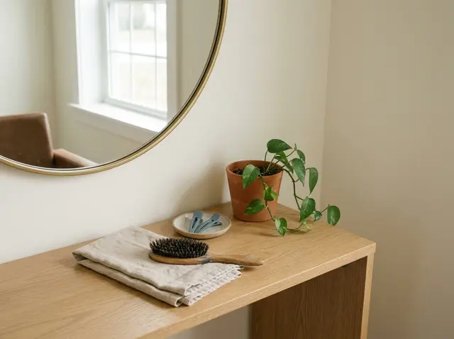 Hair salon stylist station with a round brass mirror, while the AI Phone 360 receptionist books appointments on autopilot.