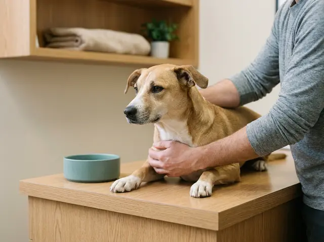 Calm tan dog held gently on a veterinary counter, while the AI Phone 360 receptionist routes pet emergencies to the on-call team.