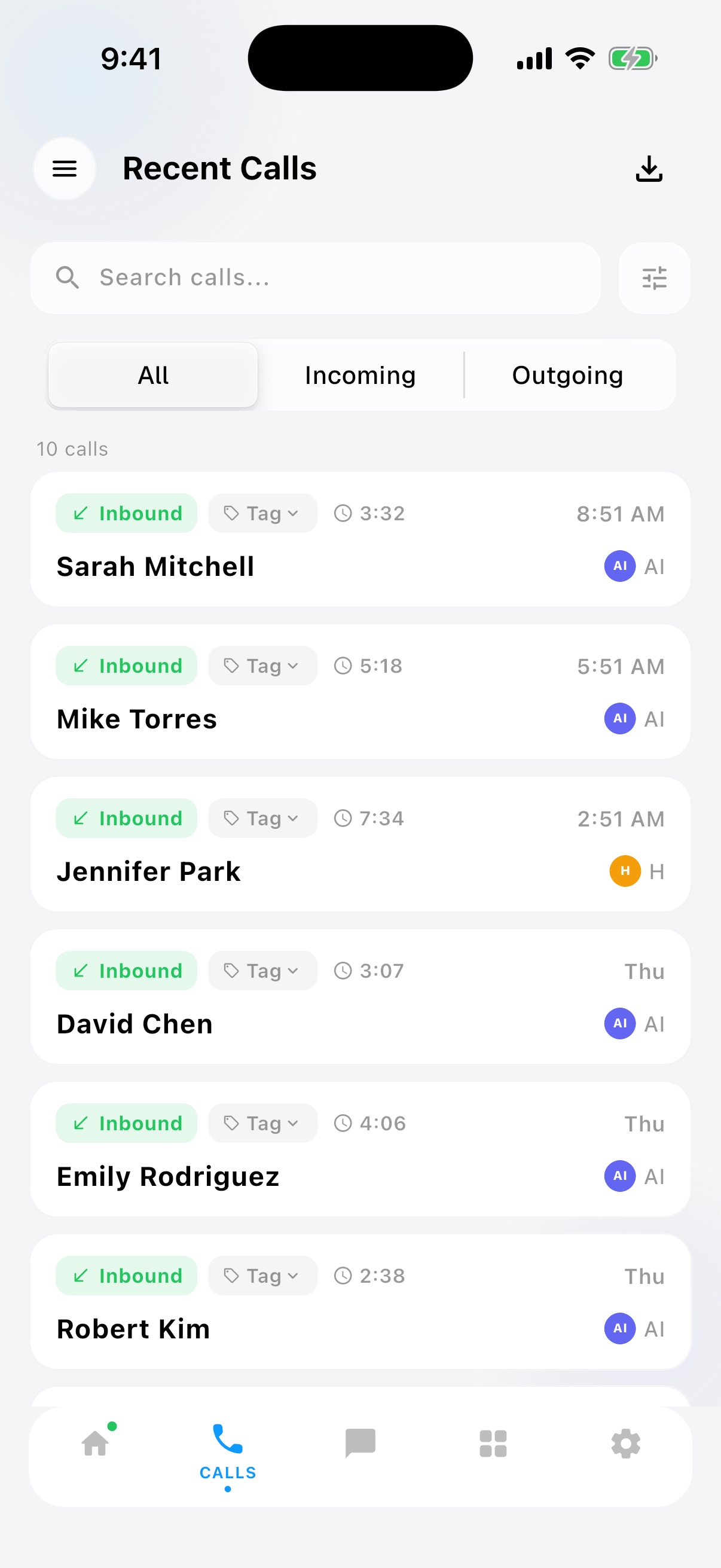 Recent calls list in the AI receptionist app showing durations and AI-handled badges