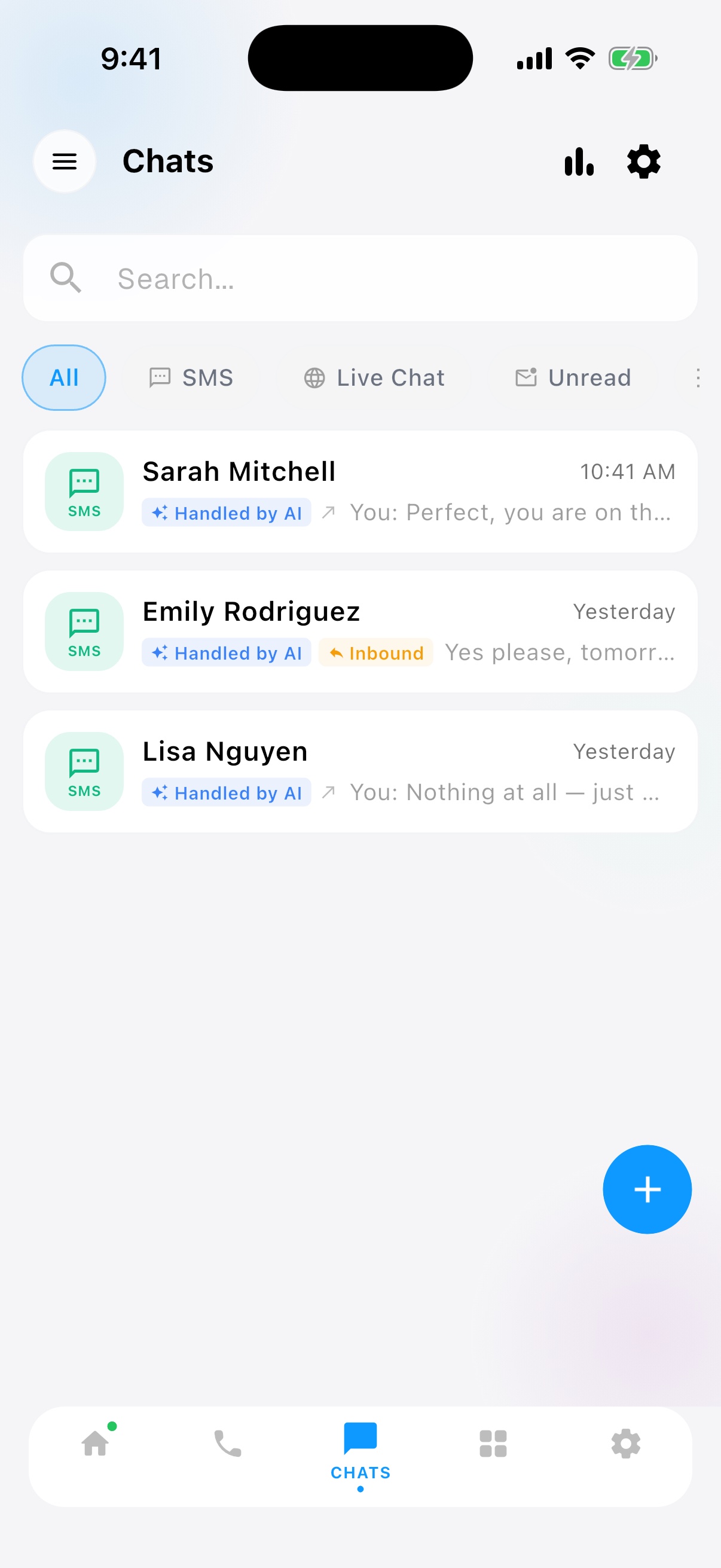 Business texting inbox where the AI drafts and sends SMS replies