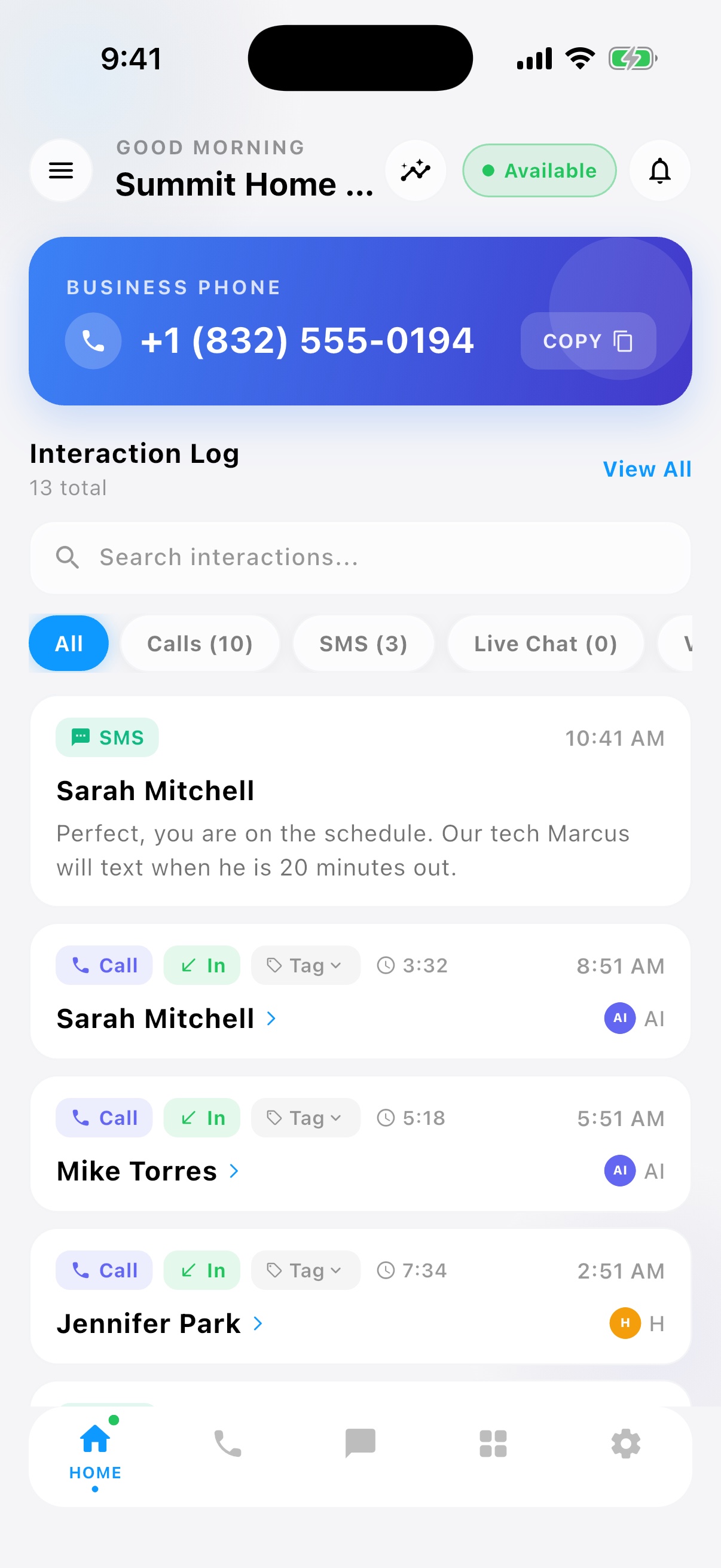 AI receptionist app dashboard with live interaction log of AI-answered calls and texts