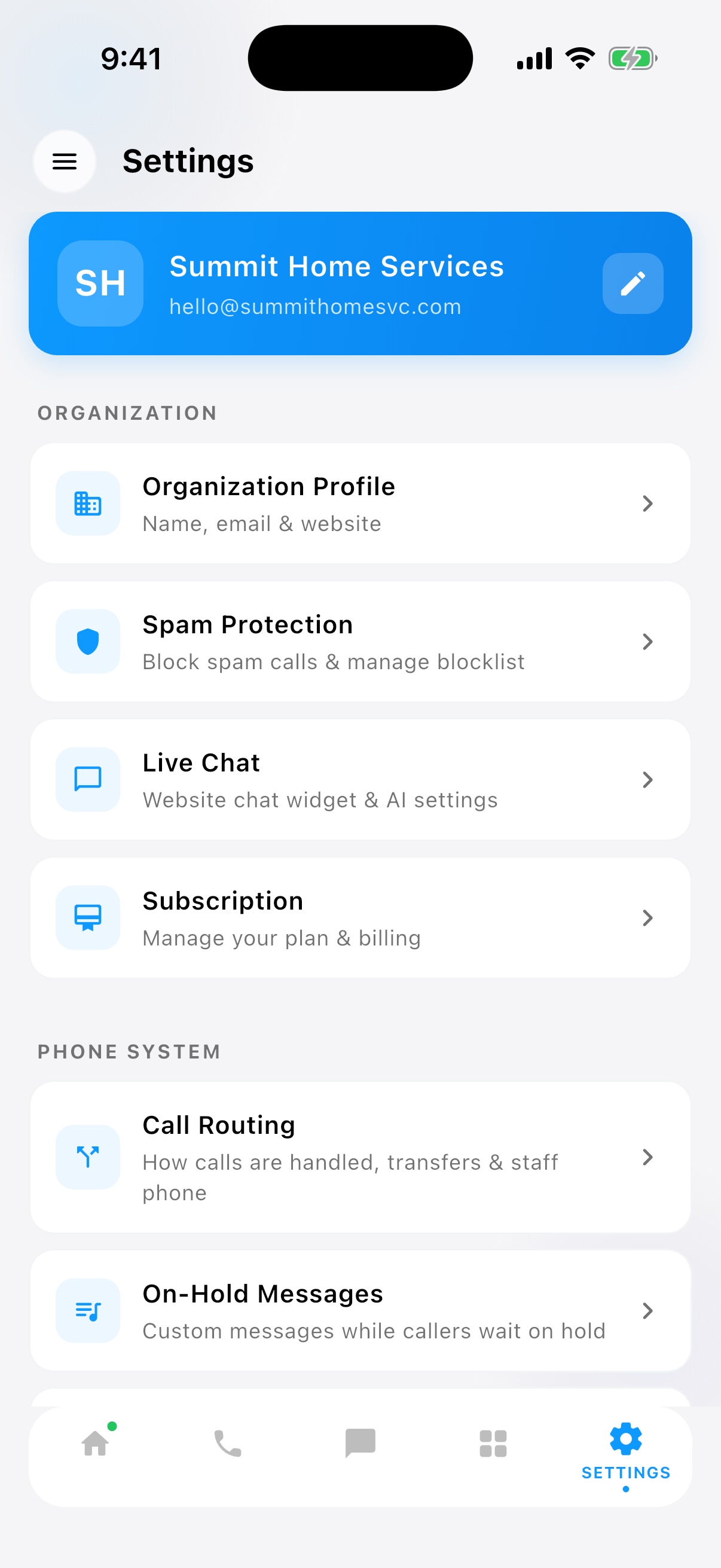 AI receptionist settings screen for greeting, voice, and call-handling rules